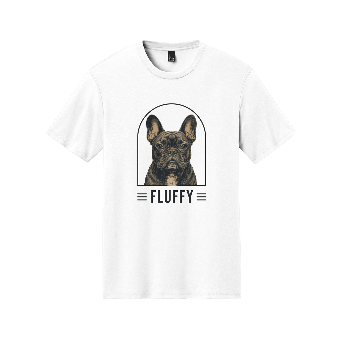 White t-shirt with a dog graphic and 'FLUFFY' text on a white background[WhiteClassic]