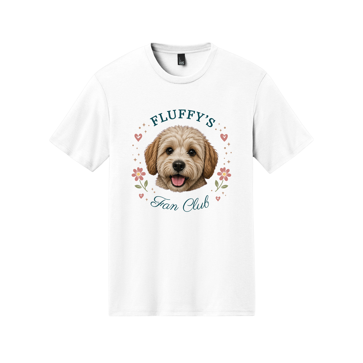 White t-shirt with a dog illustration and 'Fluffy's Fan Club' text on a white background[WhiteFloral]