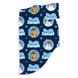 A fleece baby blanket featuring a repeating pattern of the 'Frosty the Snowman' cartoon character on a dark navy blue background, shown flat against a white background.