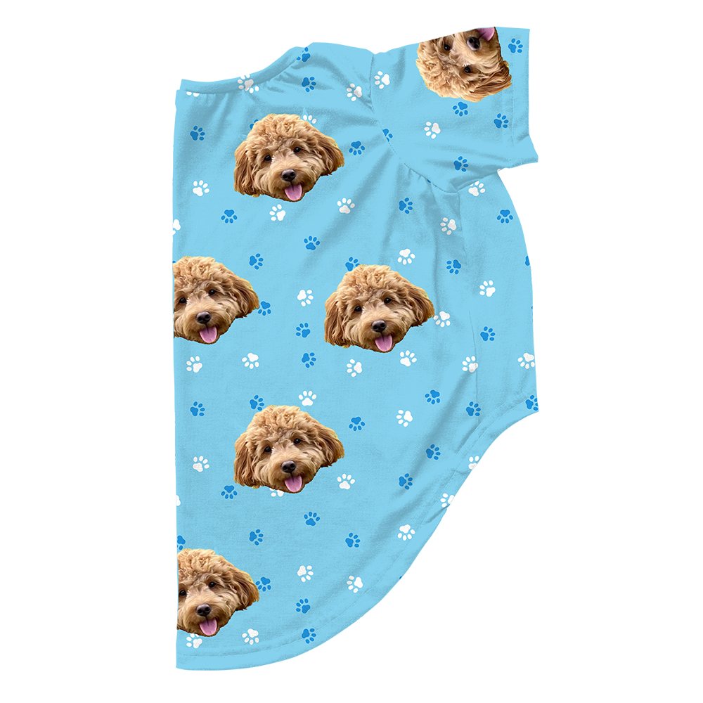 Light blue dog pajama with repeating pet faces on them