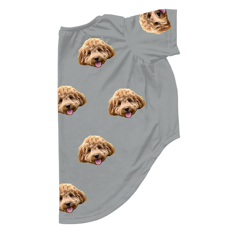 Gray dog pajama with repeating pet faces on them