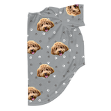 Gray paws dog pajama with repeating pet faces on them