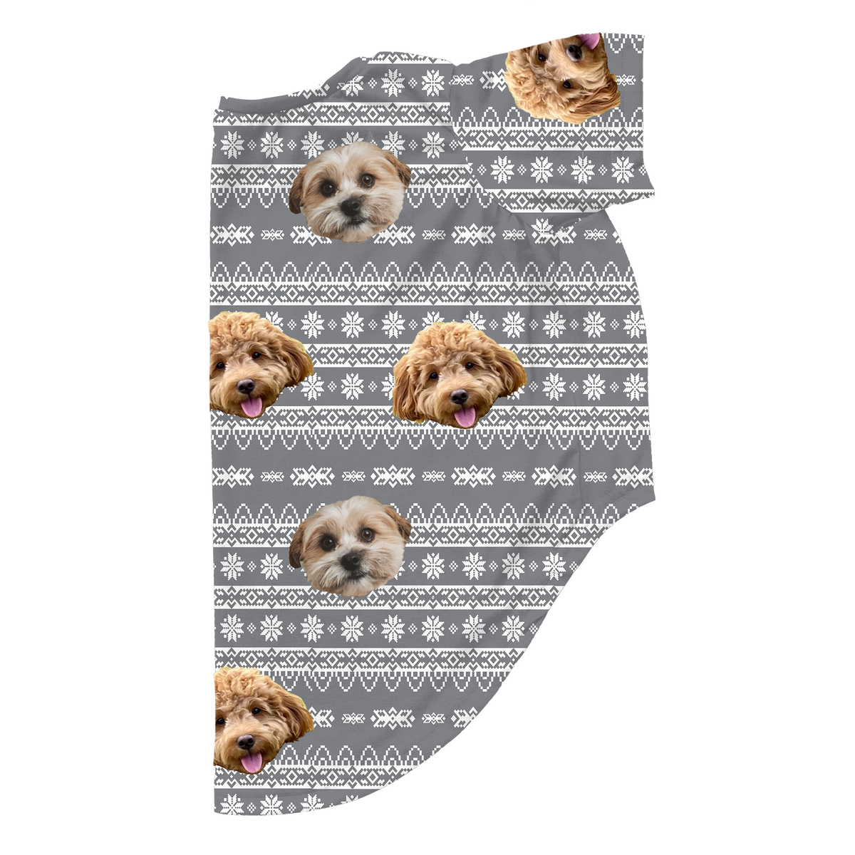 Gray dog pajama shirt featuring a white holiday sweater pattern with snowflakes and geometric rows, decorated with repeating faces of two small dogs printed across the fabric.