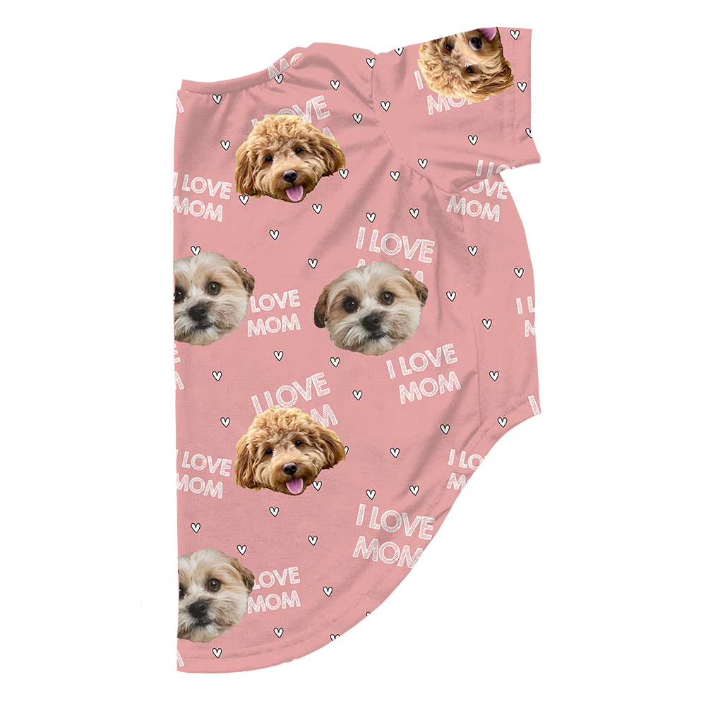 I Love Mom print dog pajama with repeating pet faces on them[ILoveMom2Pets]