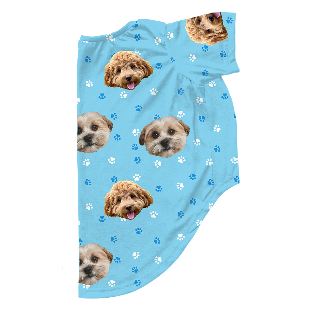 Light blue dog pajama with repeating pet faces on them[LightBluePaws2Pets]