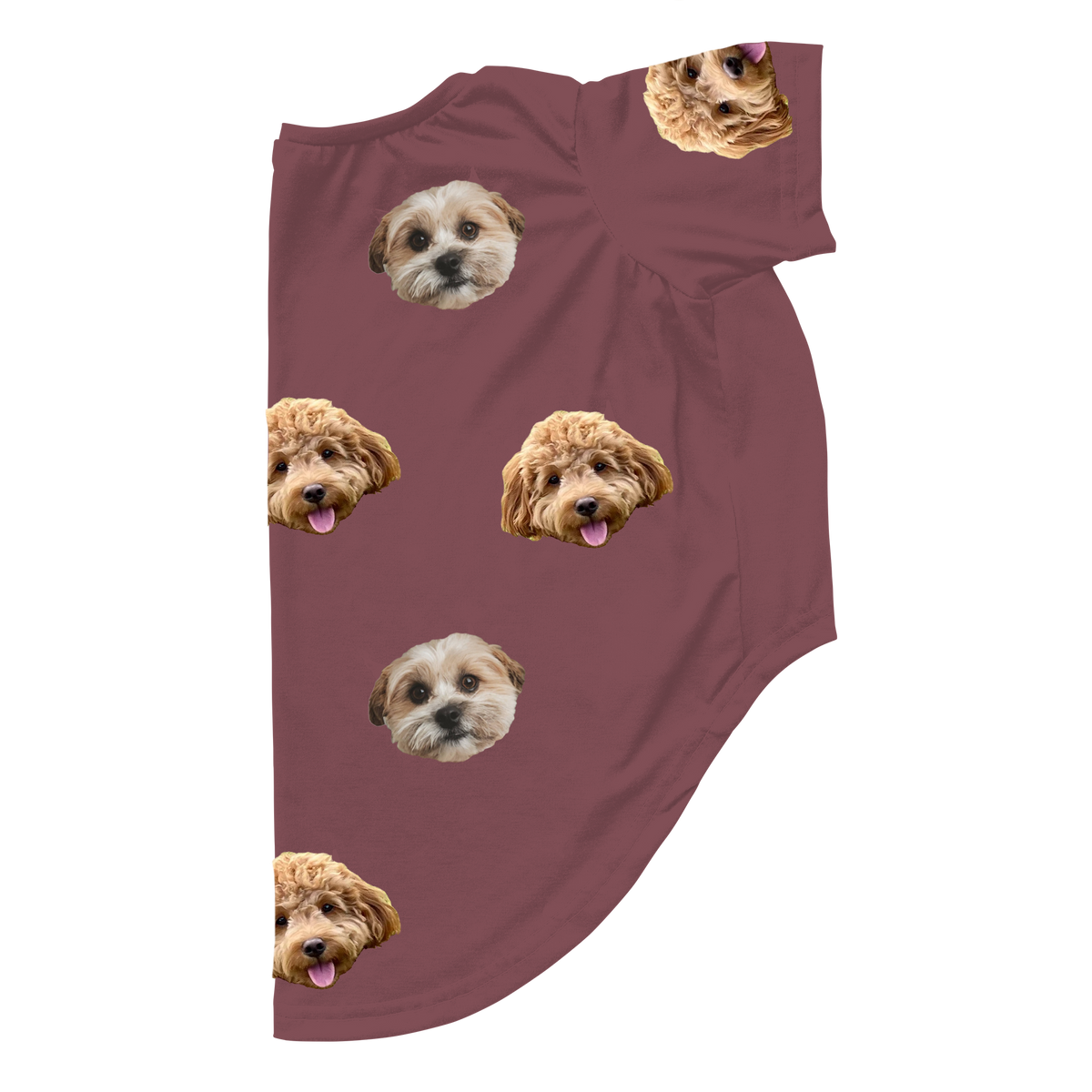 Maroon dog pajama outfit featuring a repeating pattern of two small dog faces printed across the fabric.