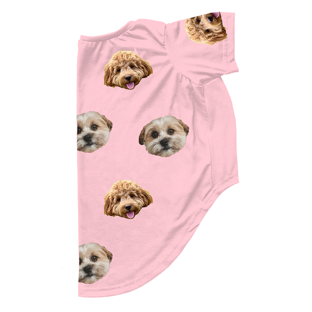 Pink dog pajama with repeating pet faces on them[PinkDream2Pets]