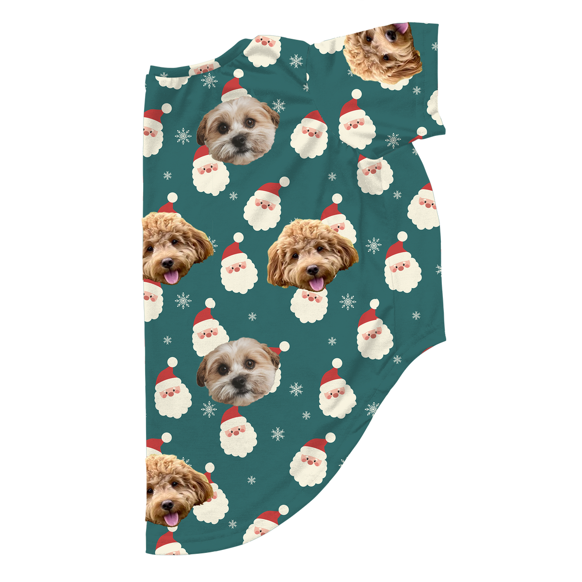 Blue dog pajama shirt featuring a repeating pattern of small snowmen and white snowflakes, customized with two different dog faces printed across the fabric.