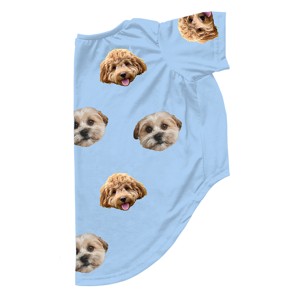 Sky blue dog pajama with repeating pet faces on them[SkyBlue2Pets]