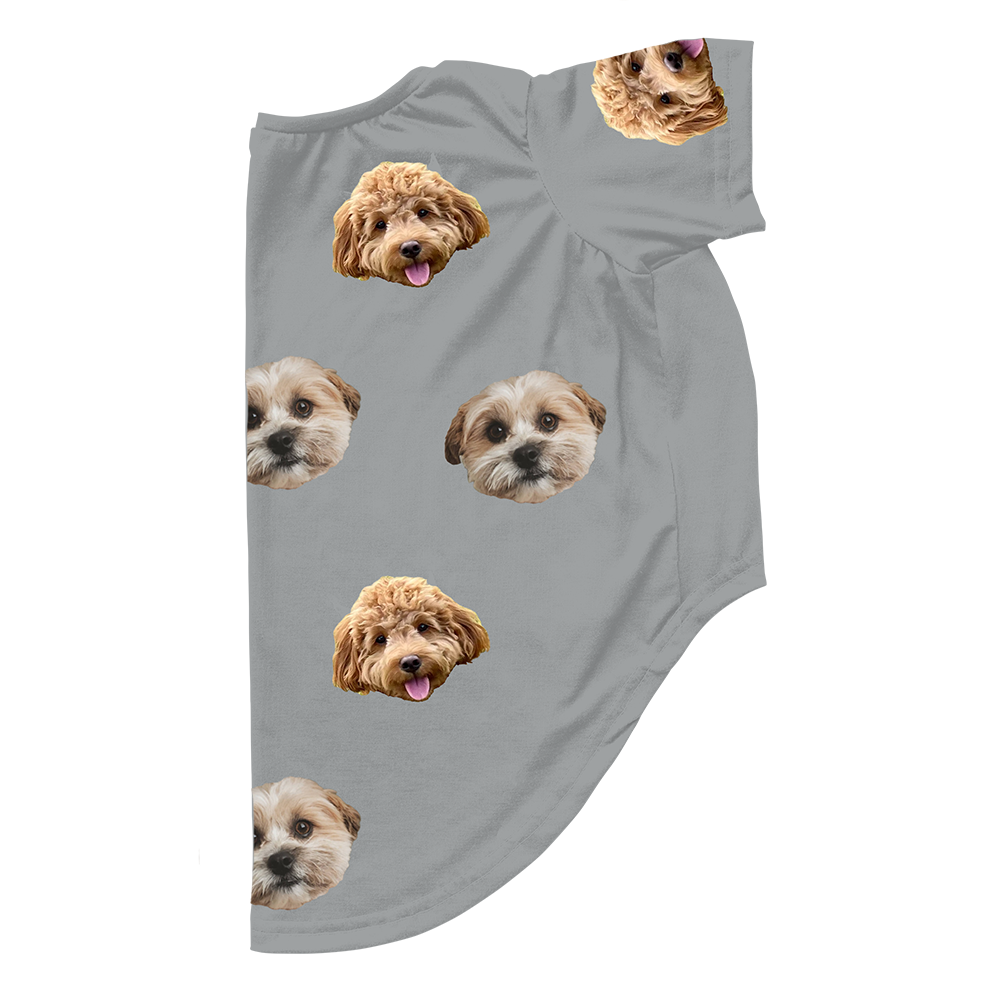 Gray dog pajama with repeating pet faces on them[SlateGray2Pets]