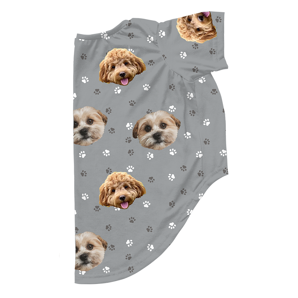 Gray dog pajama with repeating pet faces on them[SlateGrayPaws2Pets]