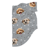 Gray dog pajama with repeating pet faces on them[SlateGrayPaws2Pets]