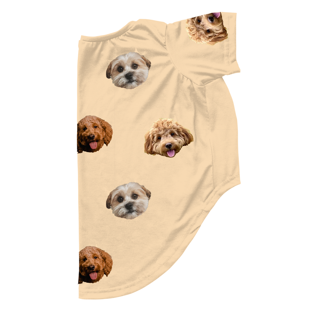 Beige dog pajama shirt for pets featuring a repeating pattern of three different dog faces printed across the fabric.