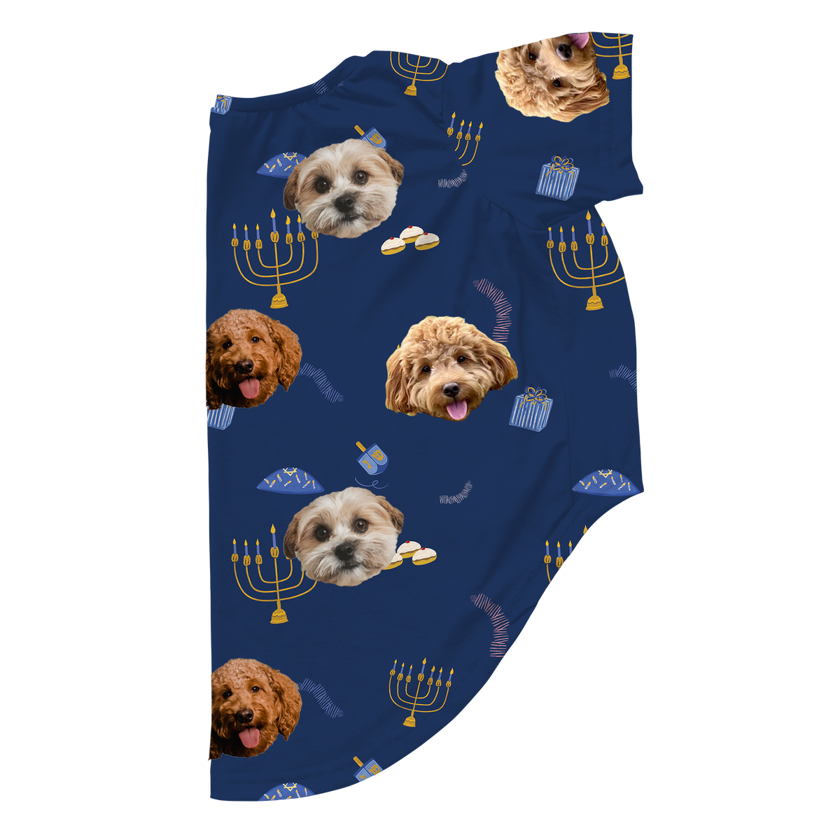 Blue Hanukkah-themed dog pajama shirt decorated with menorahs, dreidels, gelt, and gifts, customized with multiple dog faces printed across the fabric.