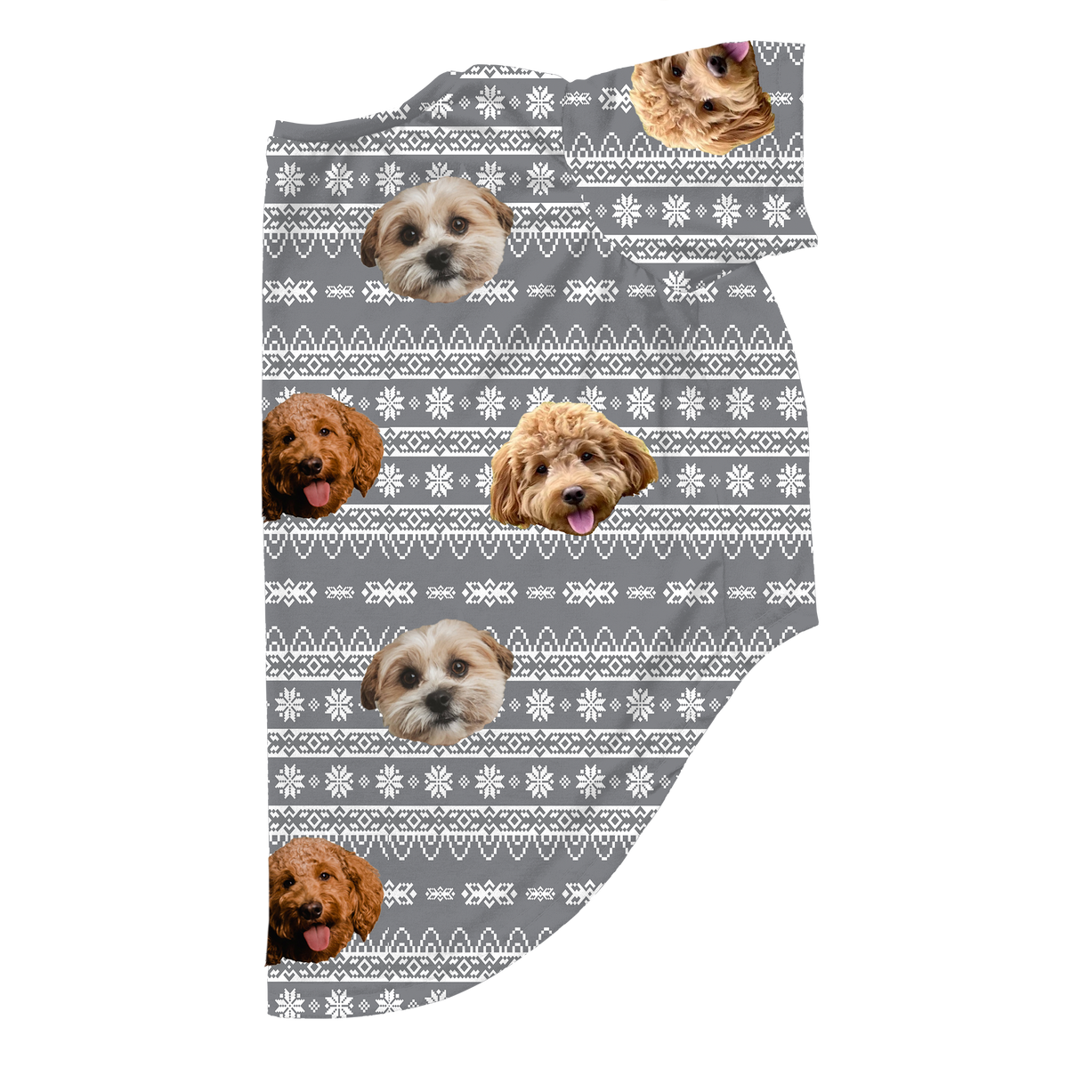 Gray dog pajama shirt with a white holiday sweater pattern featuring snowflakes and geometric stripes, customized with multiple dog faces printed across the fabric.