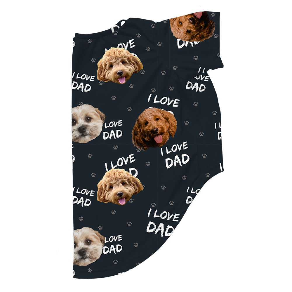 I Love Dad print dog pajama with repeating pet faces on them[ILoveDad3Pets]
