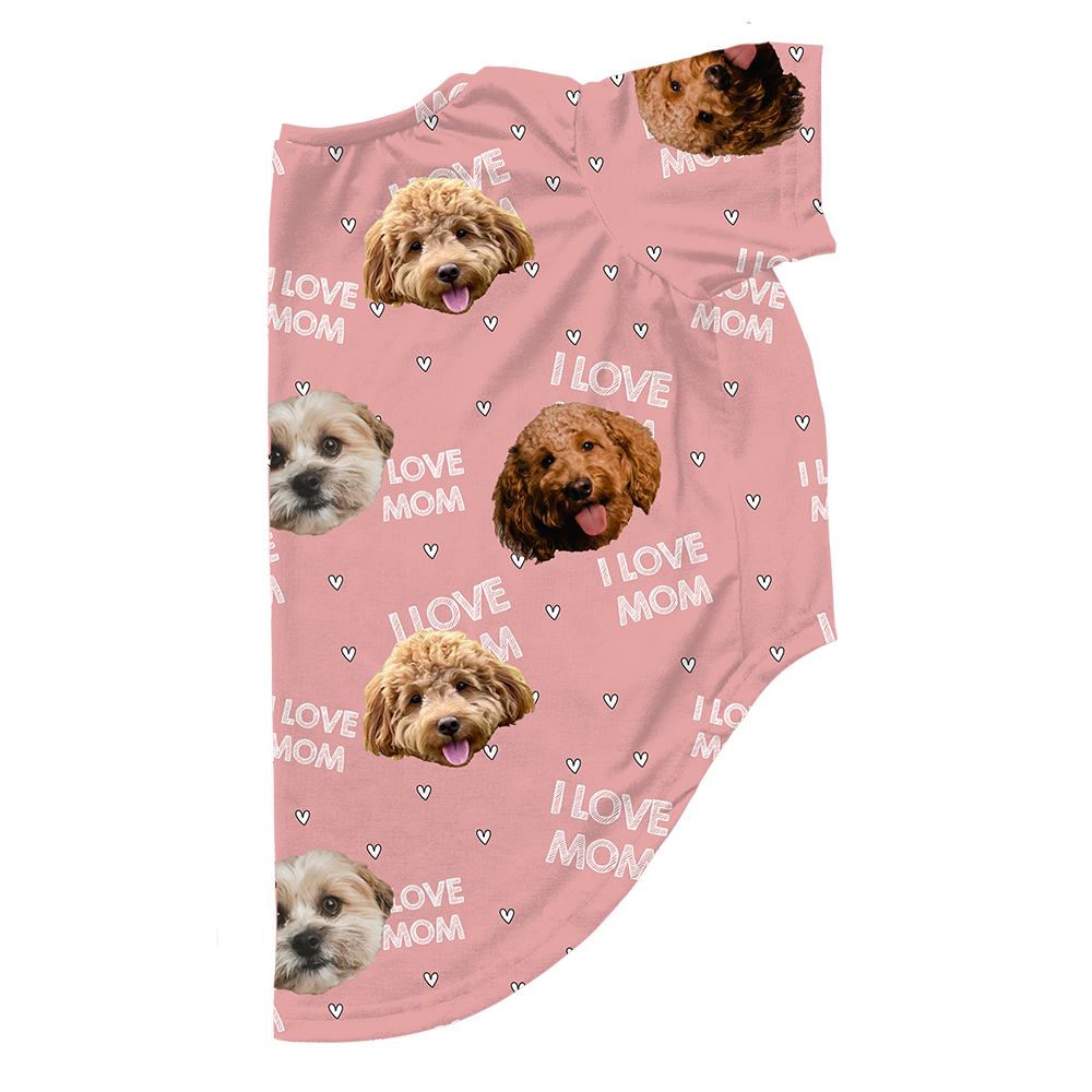 I Love Mom print dog pajama with repeating pet faces on them[ILoveMom3Pets]