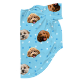 Light blue dog pajama with repeating pet faces on them[LightBluePaws3Pets]