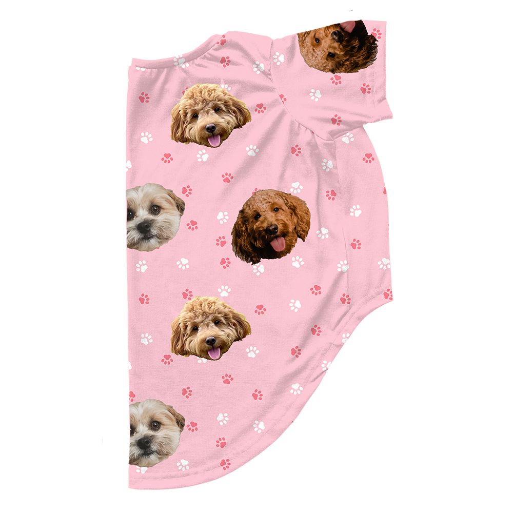 Light pink dog pajama with repeating pet faces on them[LightPinkPaws3Pets]