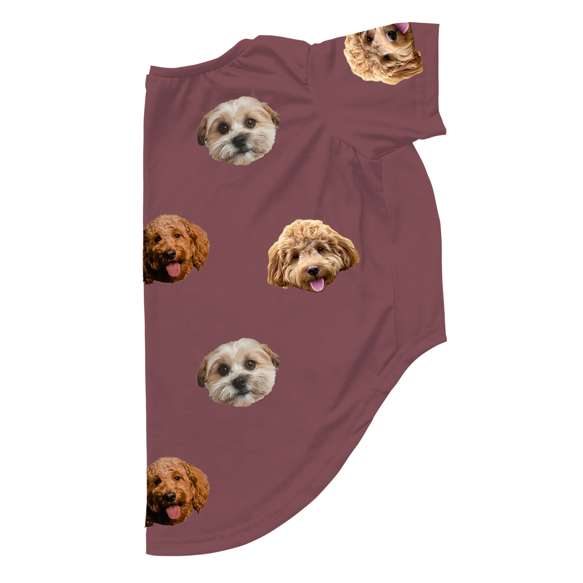 Maroon dog pajama shirt featuring a repeating pattern of three different dog faces printed across the fabric.