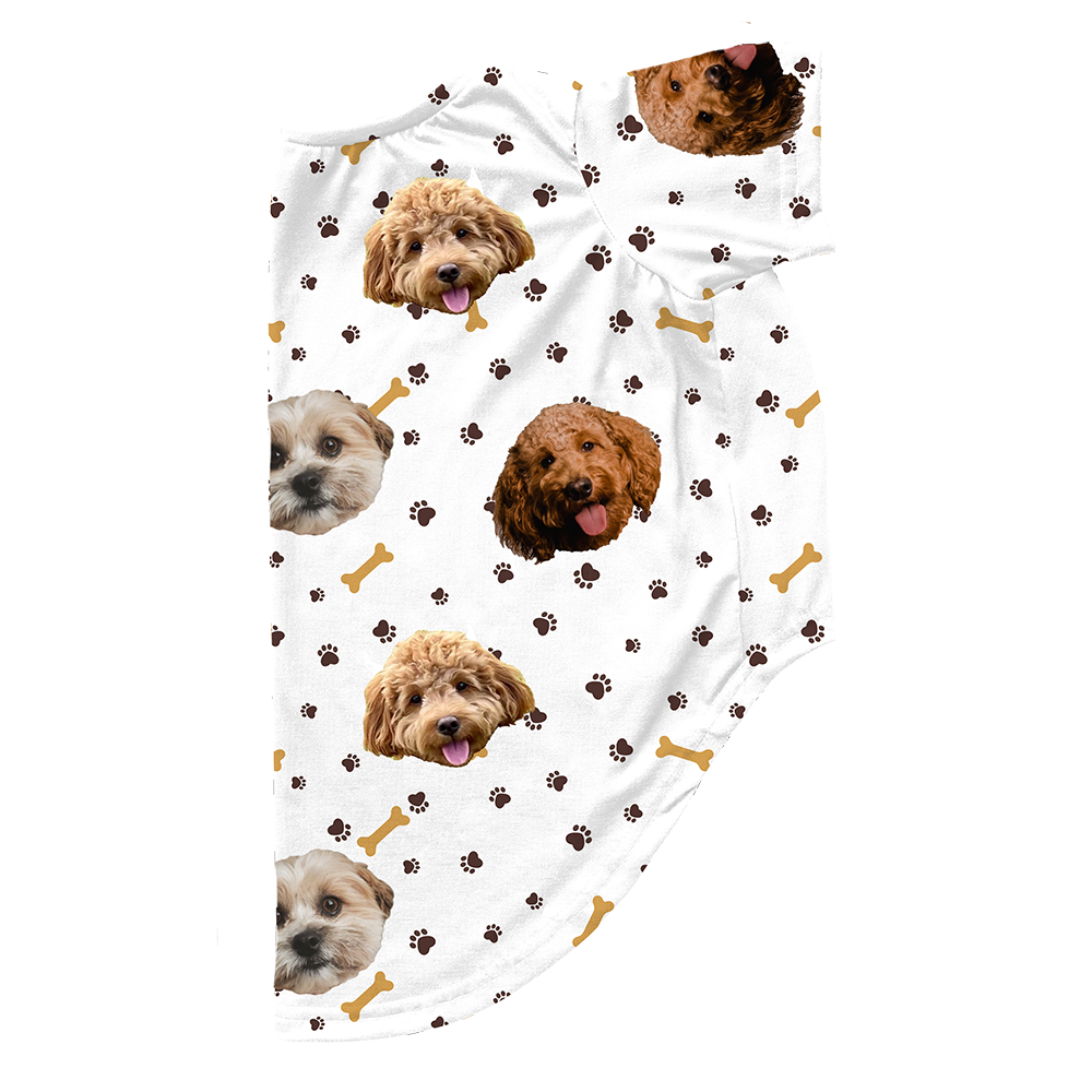 Paws and bones print dog pajama with repeating pet faces on them[PawsandBones3Pets]