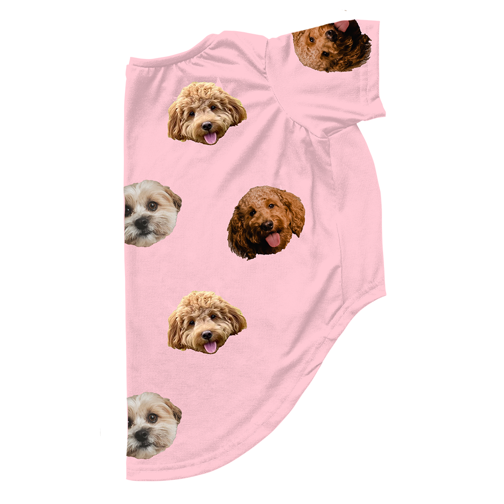 Pink dog pajama with repeating pet faces on them[PinkDream3Pets]