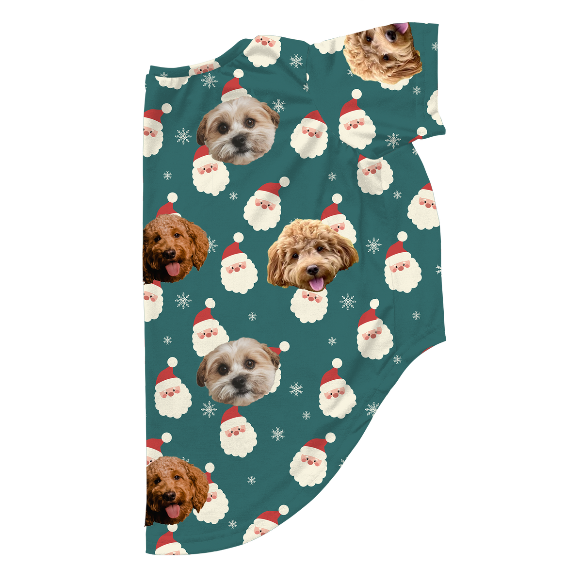 Green dog pajama costume with a holiday Santa-face pattern and repeated photos of three different dogs’ faces printed across the fabric.