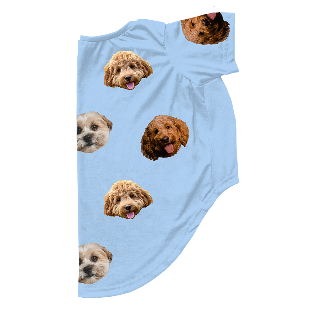 Sky blue dog pajama with repeating pet faces on them[SkyBlue3Pets]