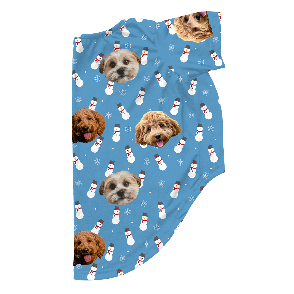 Dog pajamas with a blue background featuring a repeating pattern of snowmen, snowflakes, and three different dog faces printed across the fabric.