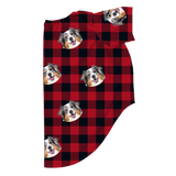 These are dog pajamas in a Buffalo Plaid print with repeating pet faces on them[BuffaloPlaidDogPajamas]