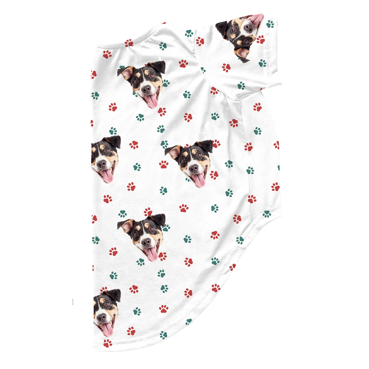 These are dog pajamas in a Christmas Paws print with repeating pet faces on them[ChristmasPawsDogPajamas]
