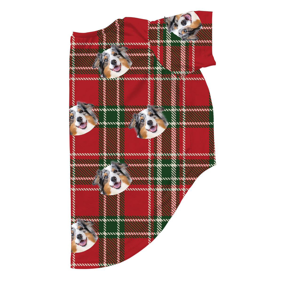 These are dog pajamas in a Christmas Plaid print with repeating pet faces on them[ChristmasPlaidDogPajamas]