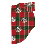 These are dog pajamas in a Christmas Plaid print with repeating pet faces on them[ChristmasPlaidDogPajamas]