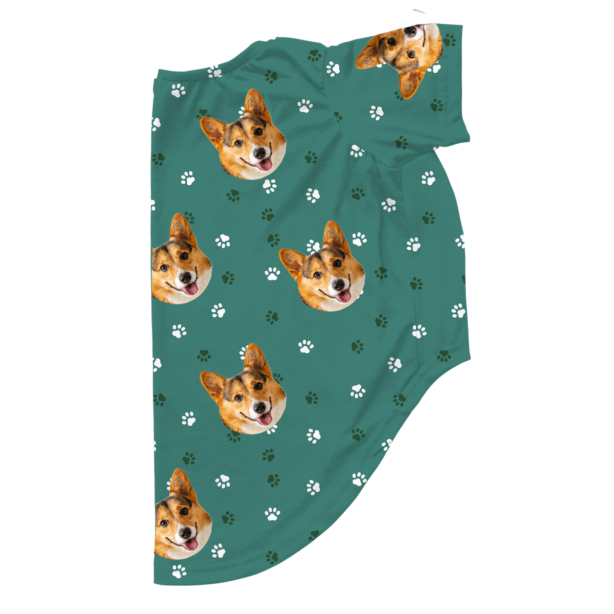These are dog pajamas in a Green Paws print with repeating pet faces on them[GreenPawsDogPajamas]