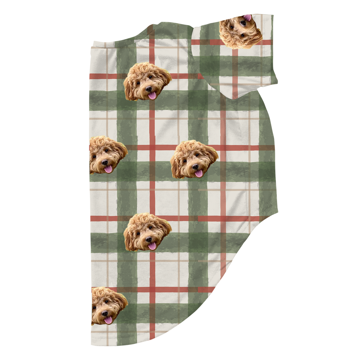 These are dog pajamas in a Light Christmas Flannel print with repeating pet faces on them[LightChristmasFlannelDogPajamas]