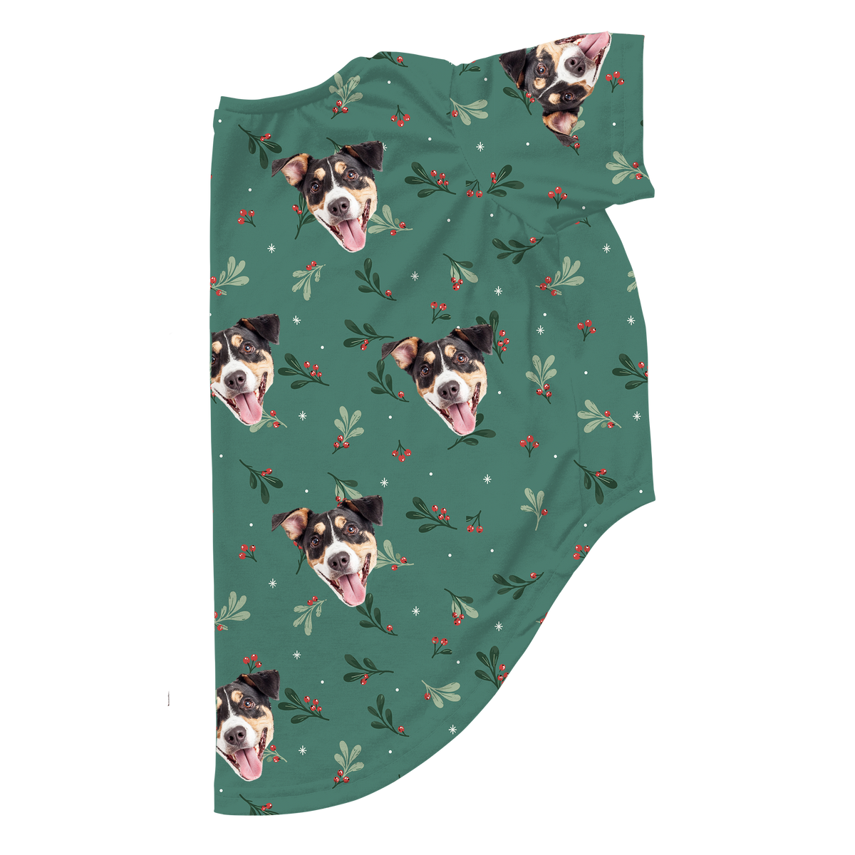 These are dog pajamas in a Mistletoe print with repeating pet faces on them[MistletoeDogPajamas]