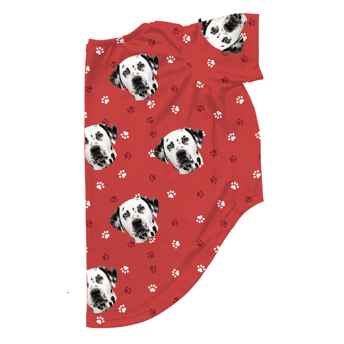 These are dog pajamas in a Red Paws print with repeating pet faces on them[RedPawsDogPajamas]