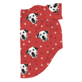 These are dog pajamas in a Red Paws print with repeating pet faces on them[RedPawsDogPajamas]