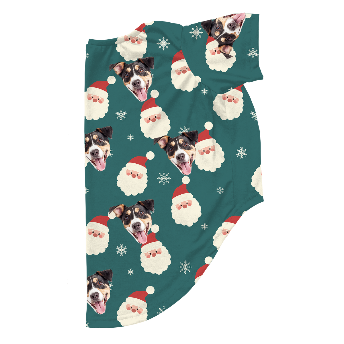 These are dog pajamas in a Santa print with repeating pet faces on them[SantaDogPajamas]