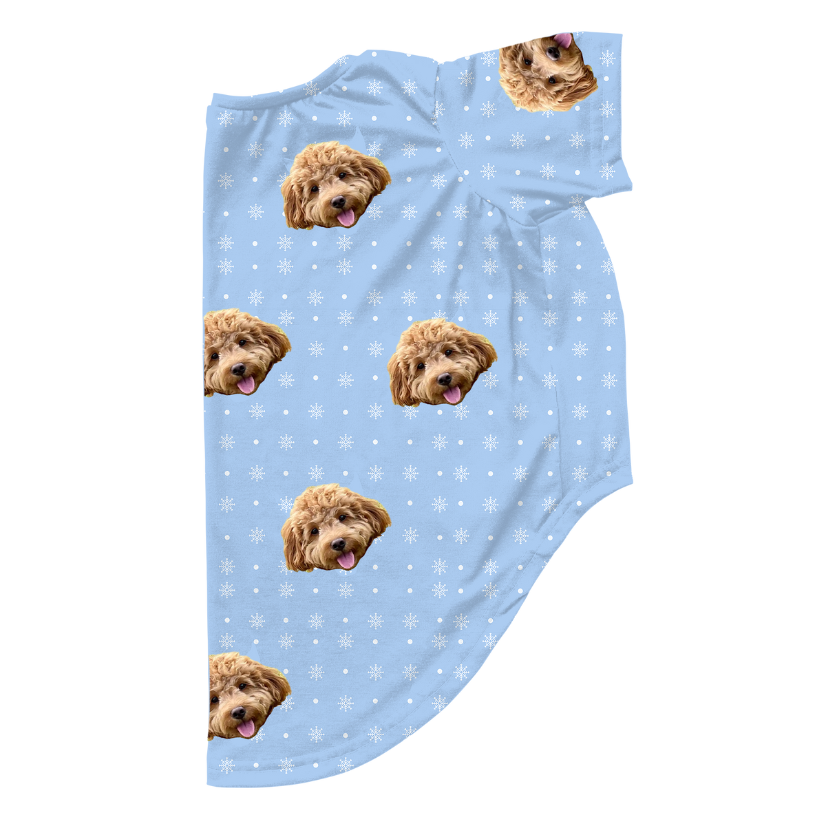 These are dog pajamas in a Snowflakes print with repeating pet faces on them[SnowflakesDogPajamas]