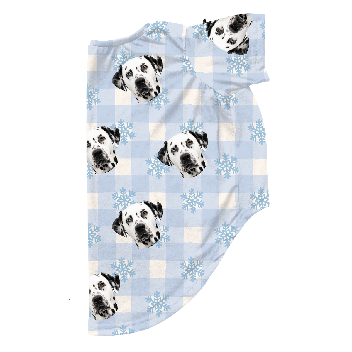 These are dog pajamas in a Snowy Gingham print with repeating pet faces on them[SnowyGinghamDogPajamas]