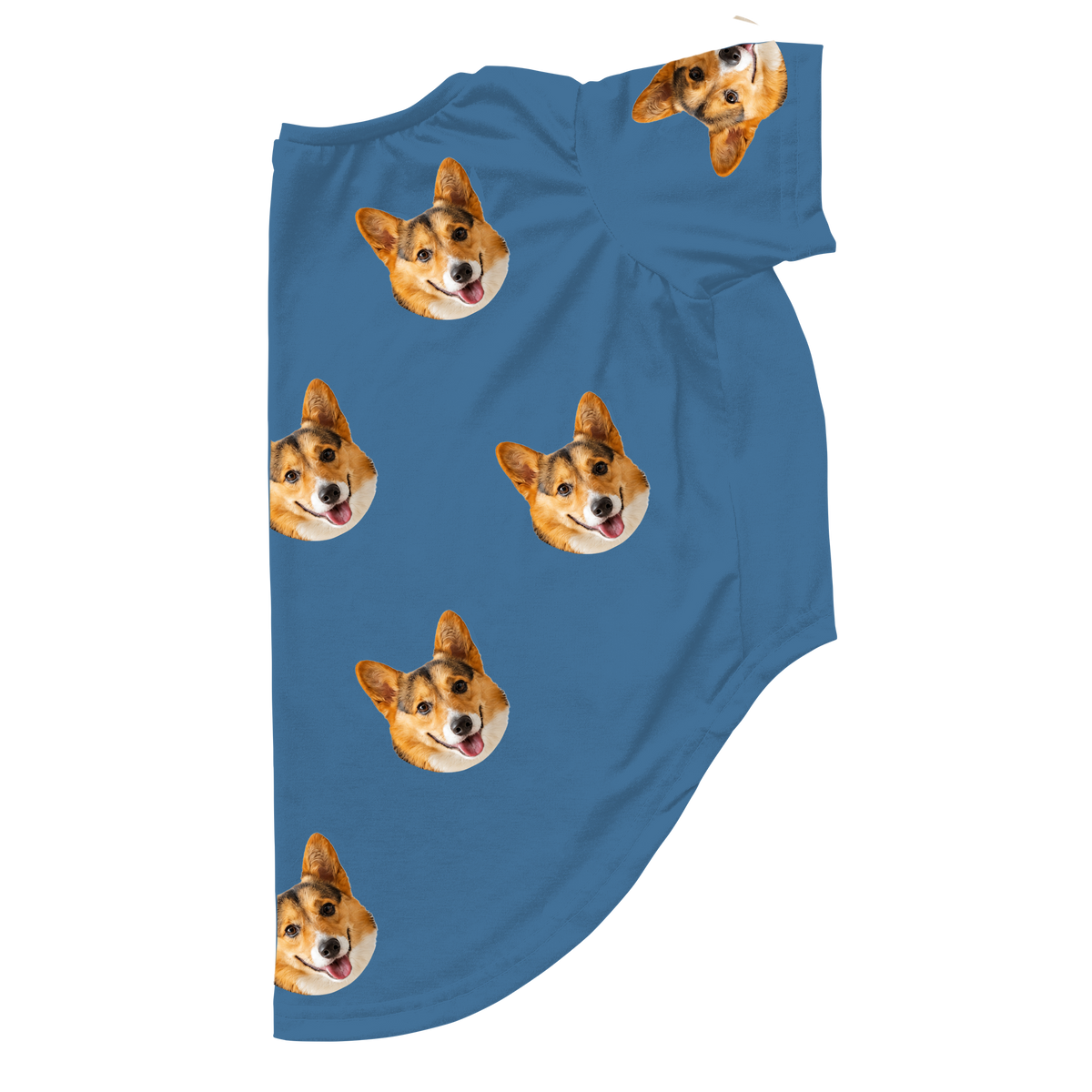 These are dog pajamas in a Solid Blue print with repeating pet faces on them[SolidBlueDogPajamas]