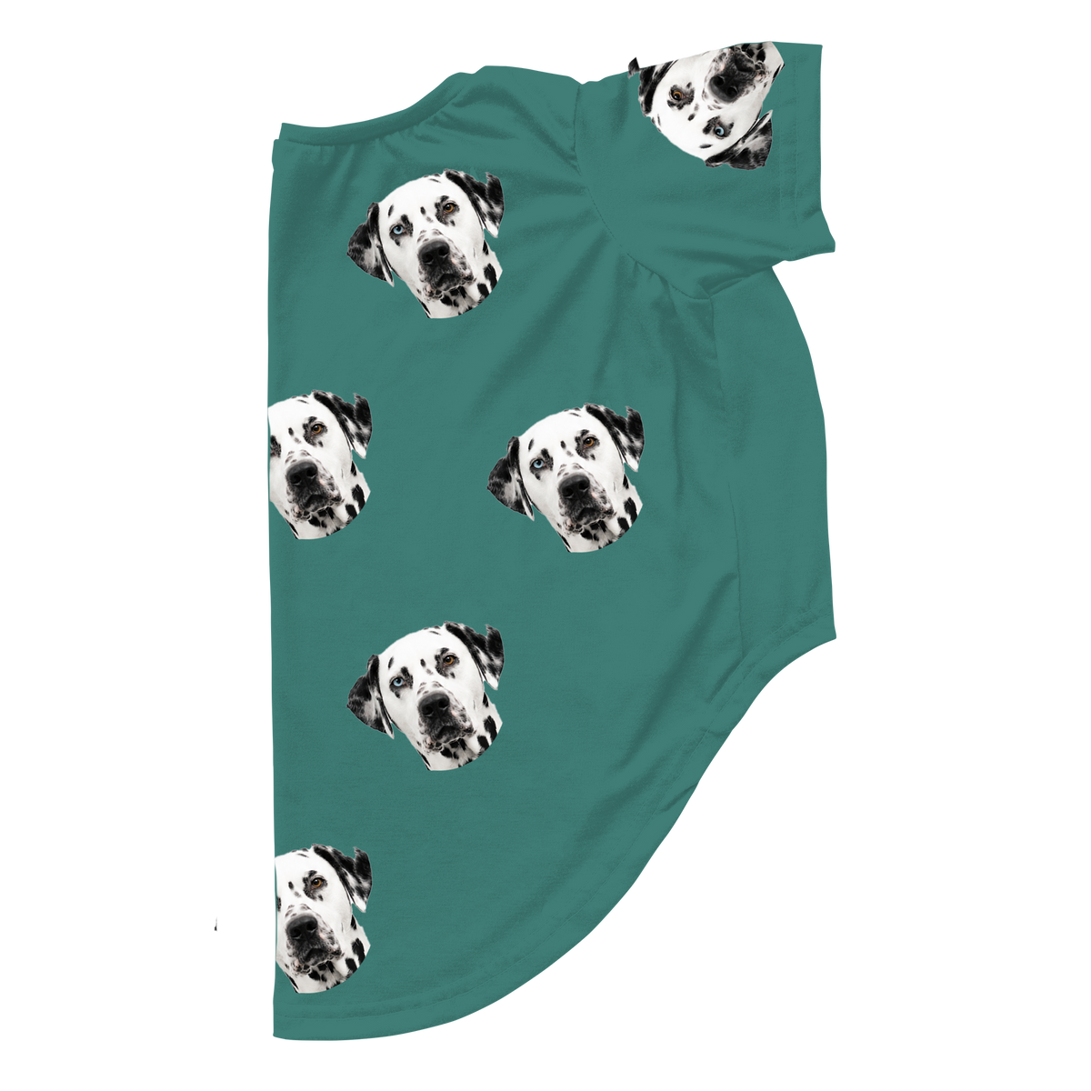 These are dog pajamas in a Solid Green print with repeating pet faces on them[SolidGreenDogPajamas]