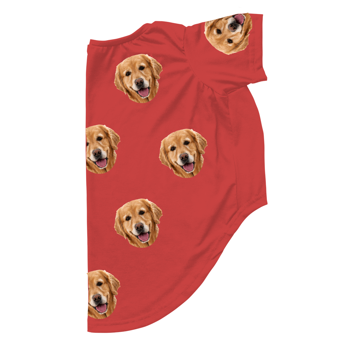 These are dog pajamas in a Solid Red print with repeating pet faces on them[SolidRedDogPajamas]