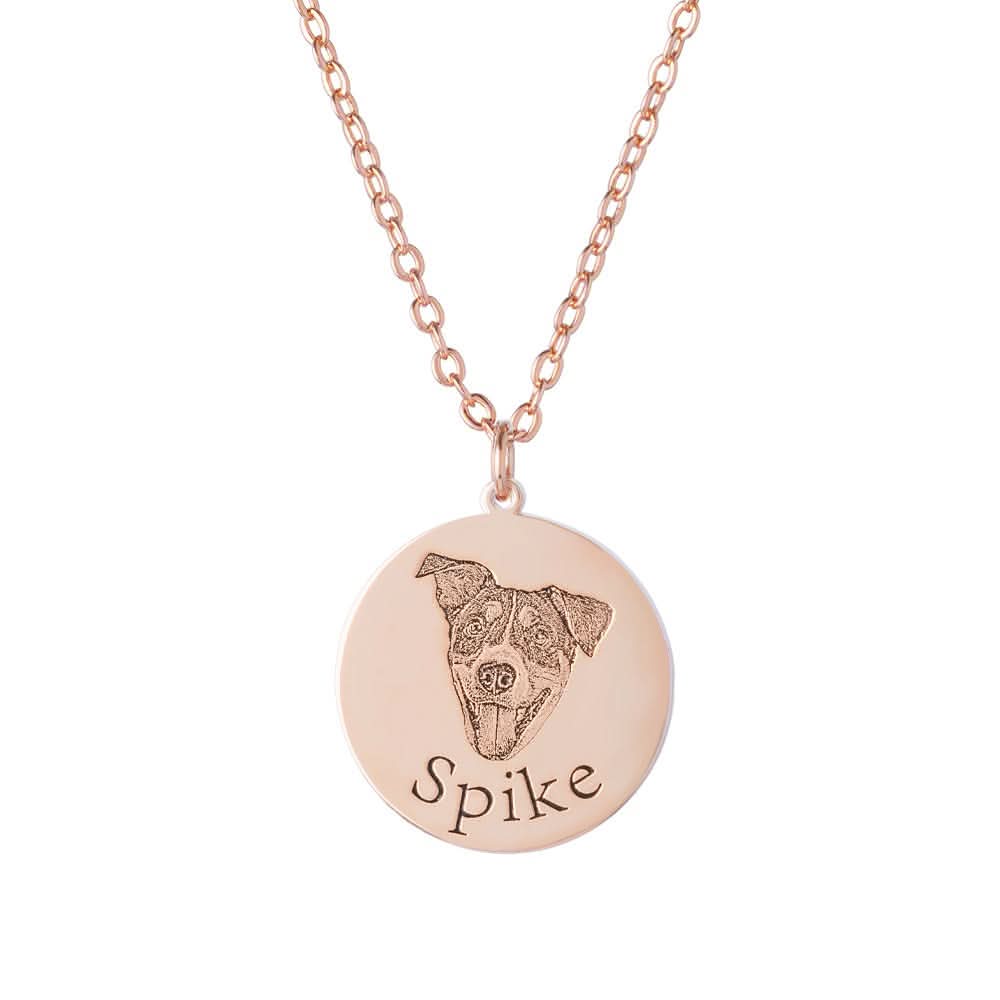 Rose Gold circular dog-portrait necklace engraved with the name 'Spike'.