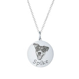 Silver circular dog-portrait necklace engraved with the name 'Spike'.