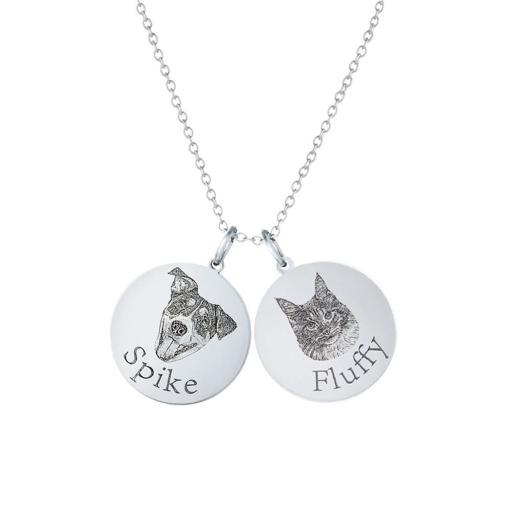 Silver necklace with 'Spike' and 'Fluffy' circular pendants with pet's faces.