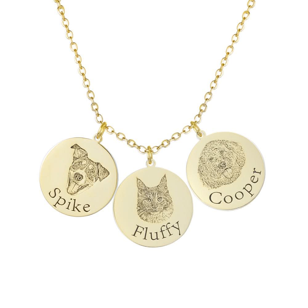 Yellow gold necklace with 'Spike', 'Fluffy', and 'Cooper' pet-portrait pendants.