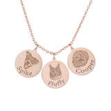 Rose gold necklace with three pendants engraved for 'Spike', 'Fluffy', and 'Cooper'.