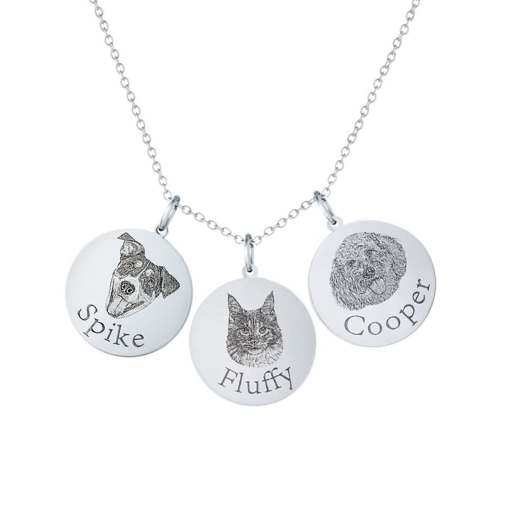 Silver necklace with 'Spike', 'Fluffy', and 'Cooper' pet-portrait pendants.